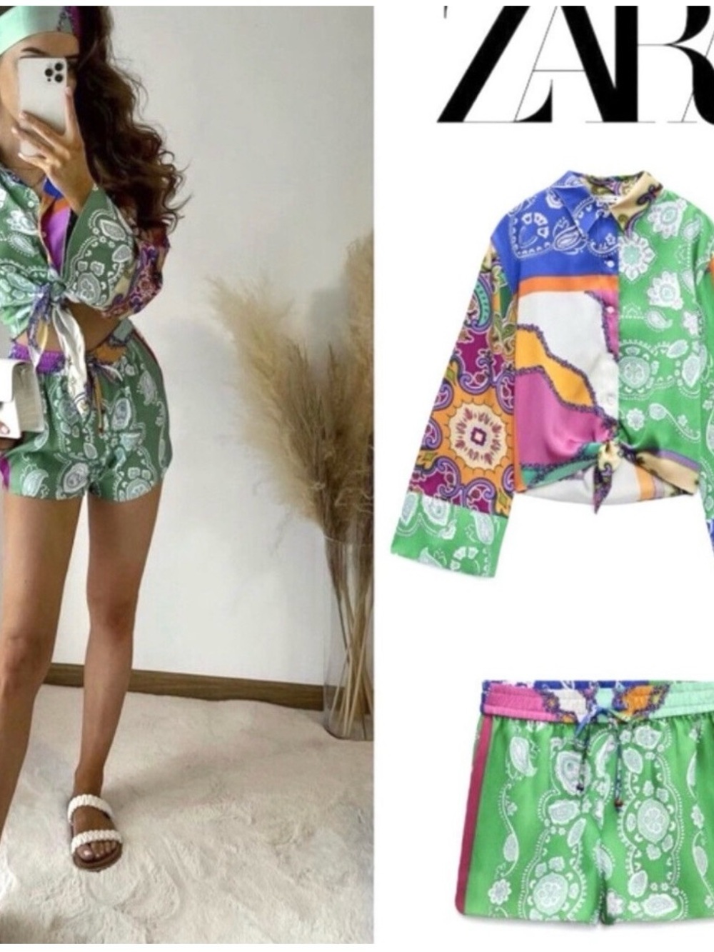 Zara Tie-Front Shirt & Shorts Set - Green Pink Blue